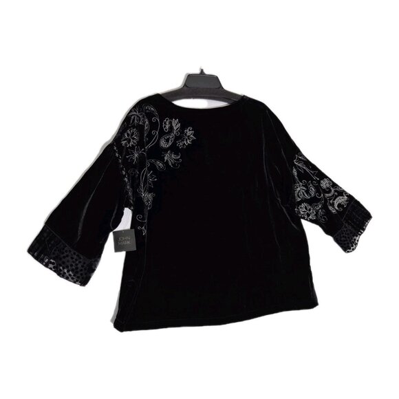 John Mark Women's Tunic Top Size L Boat Neck Velvet Black Embroidered Floral (53 - Picture 2 of 13